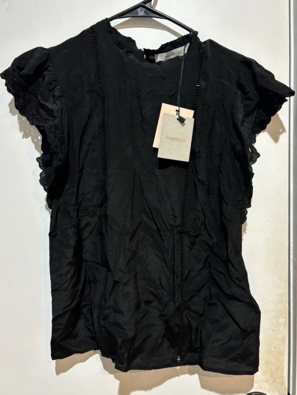 MARELLA Black Ruffled Silk Lace Sleeve Blouse Small